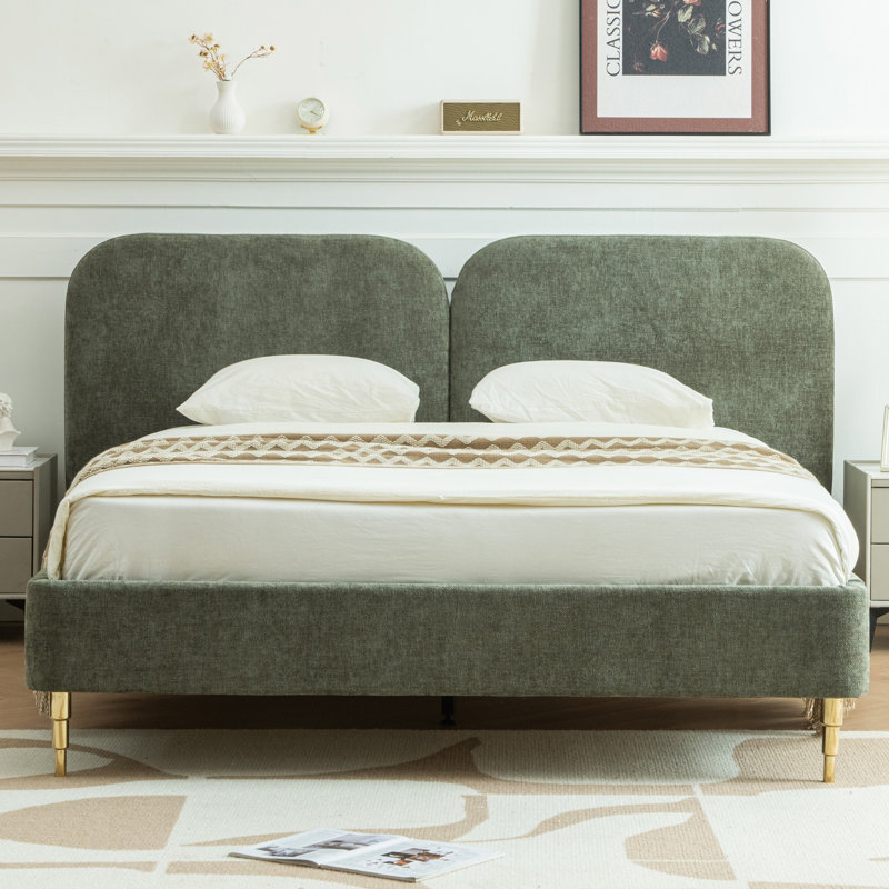 Lit plateforme tapissier avec dossier, Grand, Vert