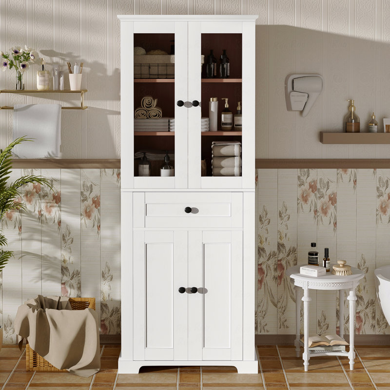 Grande armoire de rangement pour salle de bain avec verre trempé, tablettes réglables et tiroir - Tour à linge autoportante moderne, conception à fermeture en douceur