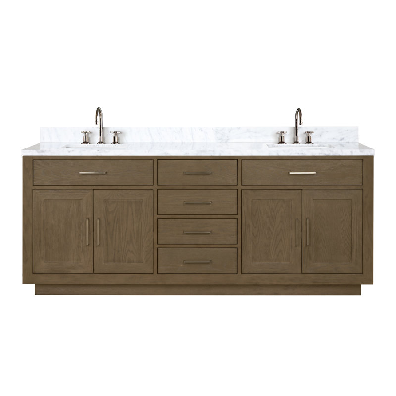 Meuble-lavabo double 80 po, Marbre de Carrare blanc, Chêne gris