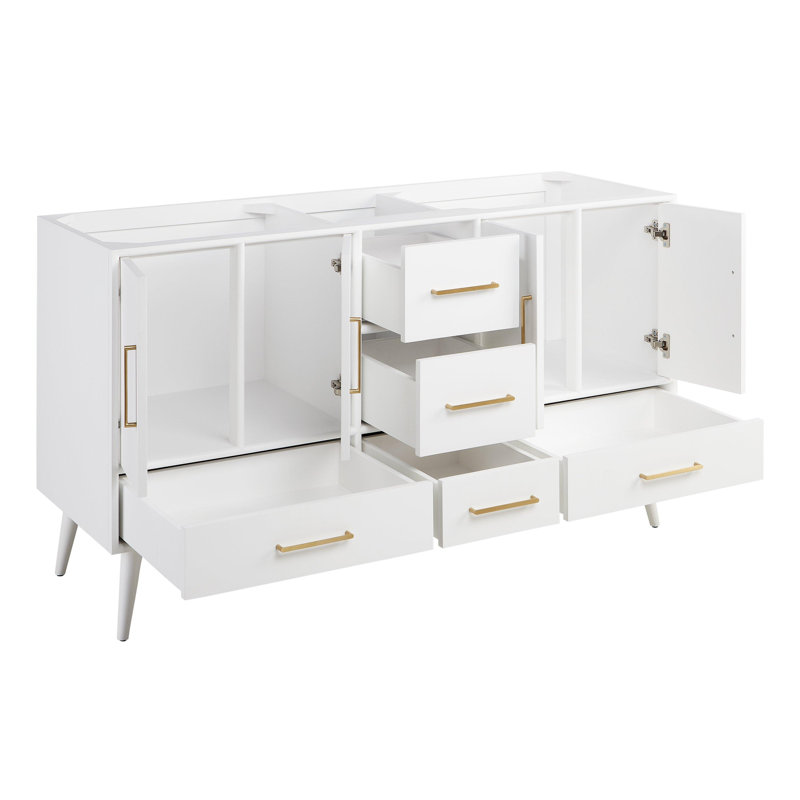 60" Novak Double Bathroom Vanity Set with Rectangular Undermount Sinks, White, Carrara Marble, 8" Widespread
