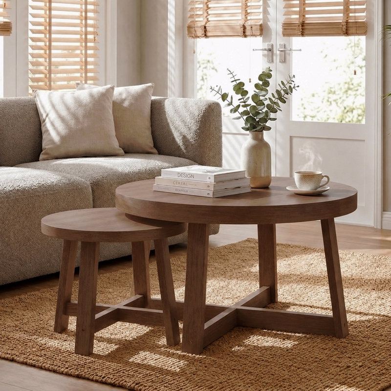 Ensemble de 2 tables basses gigognes rondes, fini noyer, tables d'appoint modernes, structure en X, empilables, idéales pour le salon, la chambre ou le balcon.