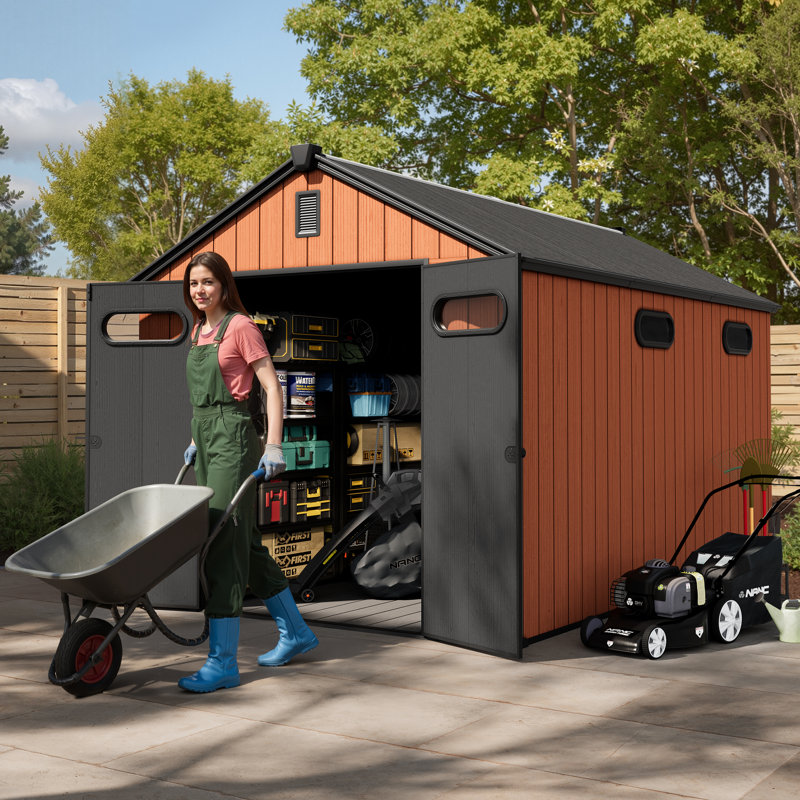 7.5' Rectangular Outdoor Plastic Shed With Metal Frame, And Includes Acrylic Transparent And Vent Windows, And A Floor.