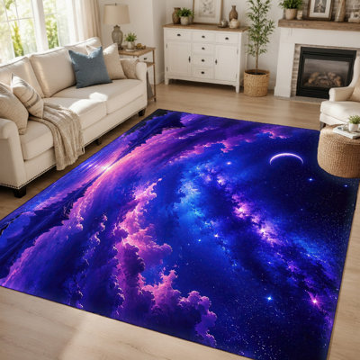 Tapis décoratif à poils courts, lavable et fin, motif nébuleuse cosmique (1 pièce) - Imprimé spatial bleu et violet éclatant - Dos antidérapant - Idéal pour le salon, la chambre, la chambre d'enfant, la salle de jeux ou le couloir.
