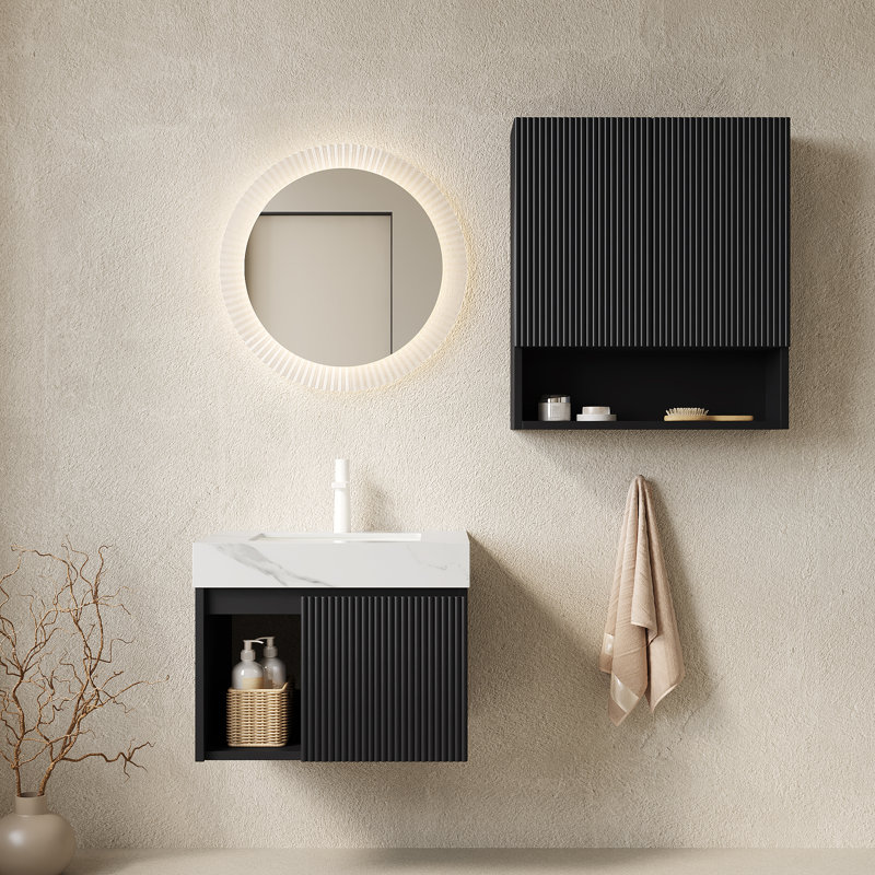 Ensemble de meuble-lavabo mural EIDEN 24 + TOBI 26, meuble-lavabo mural flottant, plateau en pierre frittée blanche, lavabos en céramique, trous de robinet pré-percés, robinet et drain exclus, couleur noire