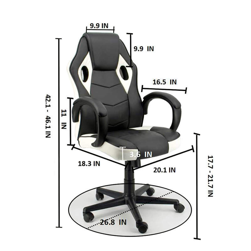 Fauteuil de jeu ergonomique en cuir reconstitué avec accoudoirs rembourrés, Noir; blanc