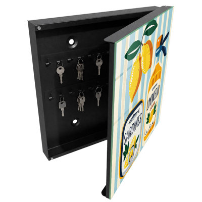 Wall mounted key box, Opens to the right, 30x30x5, White, A bottle of limoncello, a can of sardines, and lemons, 