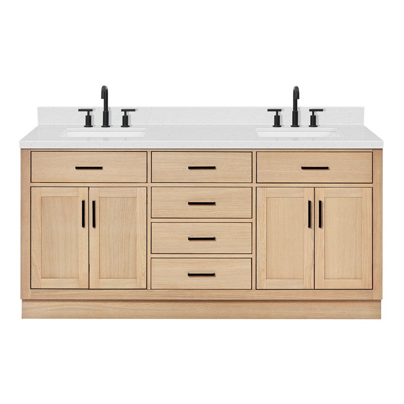 Thornaby 72'' Solid Wood Double Bathroom Vanity with 1.5'' Carrara Quartz Top, Rectangular, Natural Oak
