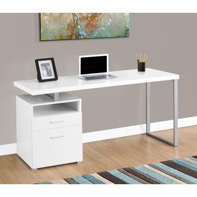 Bureau d'ordinateur contemporain de 60 pouces avec tiroirs de rangement, réversible à gauche ou à droite pour le bureau à domicile, blanc et gris