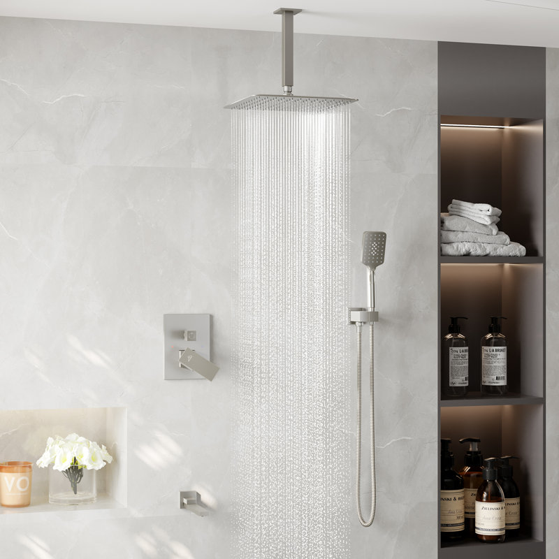 Brushed Nickel Ceiling Mounted Rain Shower System with Handheld