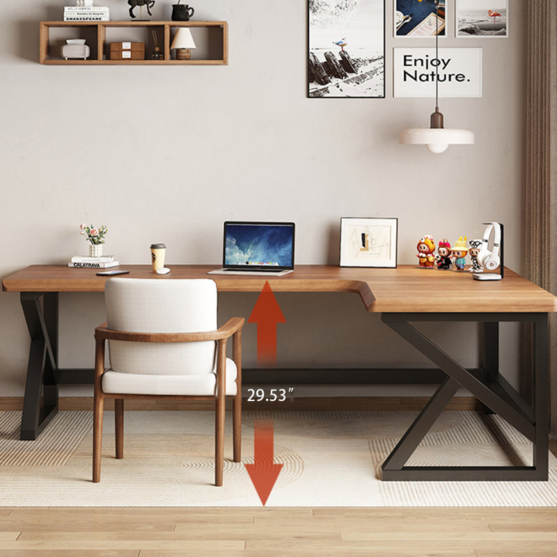 Noyer clair + bureau en bois massif en forme de L noir + fer, Retour à droite, H 29,53 po x l 70,87 po x P 39,37 po