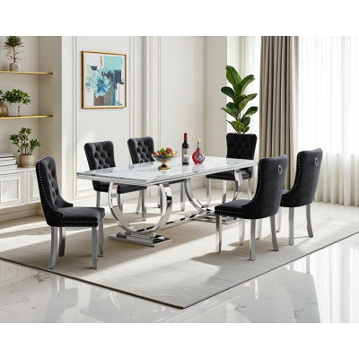 Luxury 68" Dining Table Set for, White Faux Marble Dining Table with Velvet Dining Chairs, Modern Kitchen Table and Chairs Set, Luxury Dining Table Set for Kitchen Dining