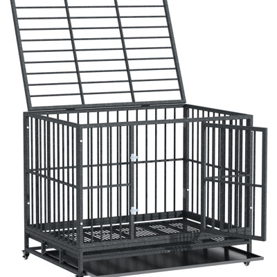 Caisse en métal pour chien avec roues verrouillables, 43 po, porte double, caisse grise amovible à roulettes, plateau