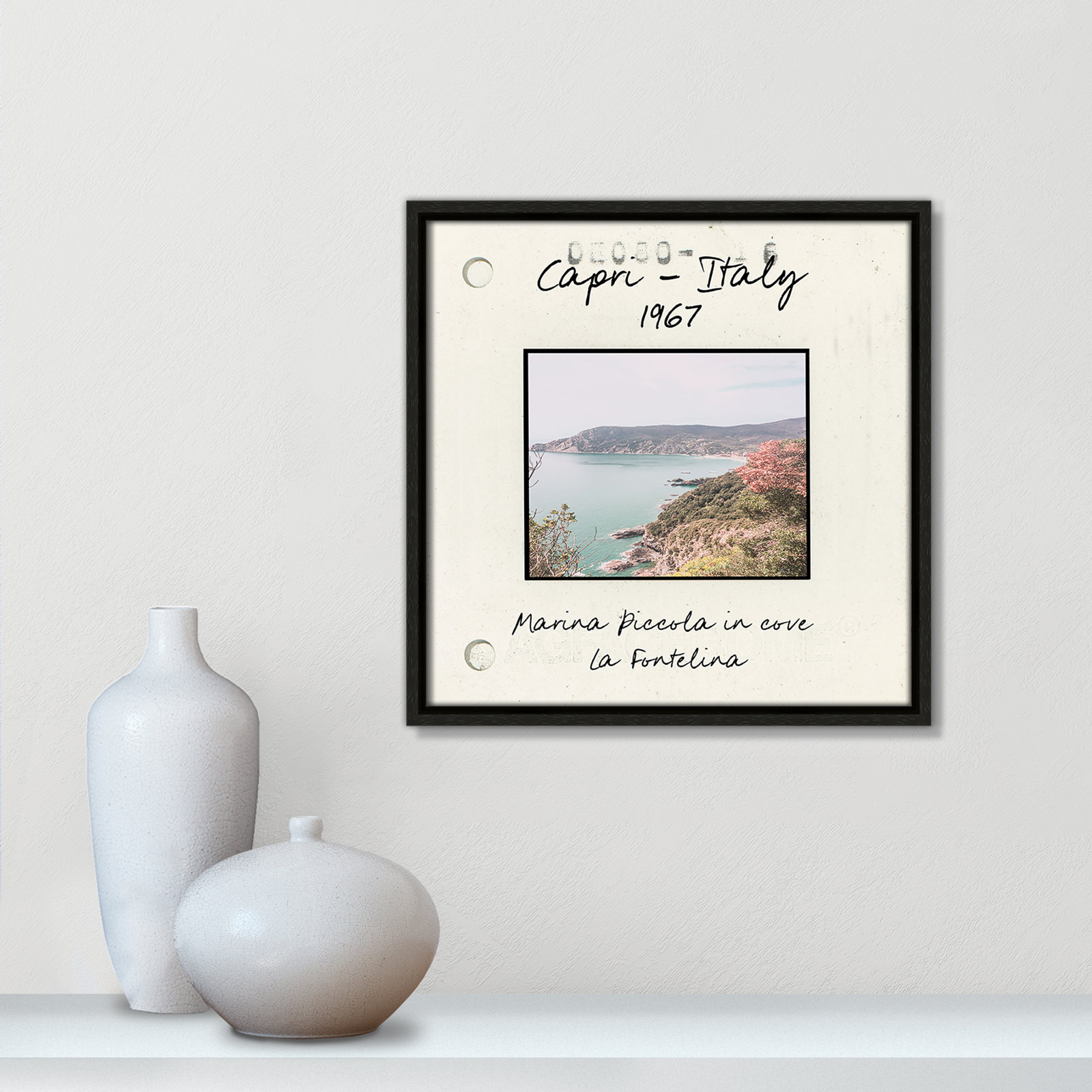 Travel Slide Collection "Capri, Italy - Marina Piccola" Print, Espresso Floater Framed Canvas, 13.5" H x 13.5" W x 2" D
