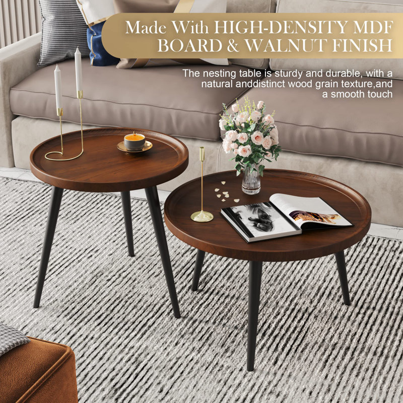 2-Piece Modern Round Coffee Table Set For Living Room,Easy Assembly Nesting Coffee Tables,Walnut Colour Circle End Side Tables For Bedroom Office Balcony Yard