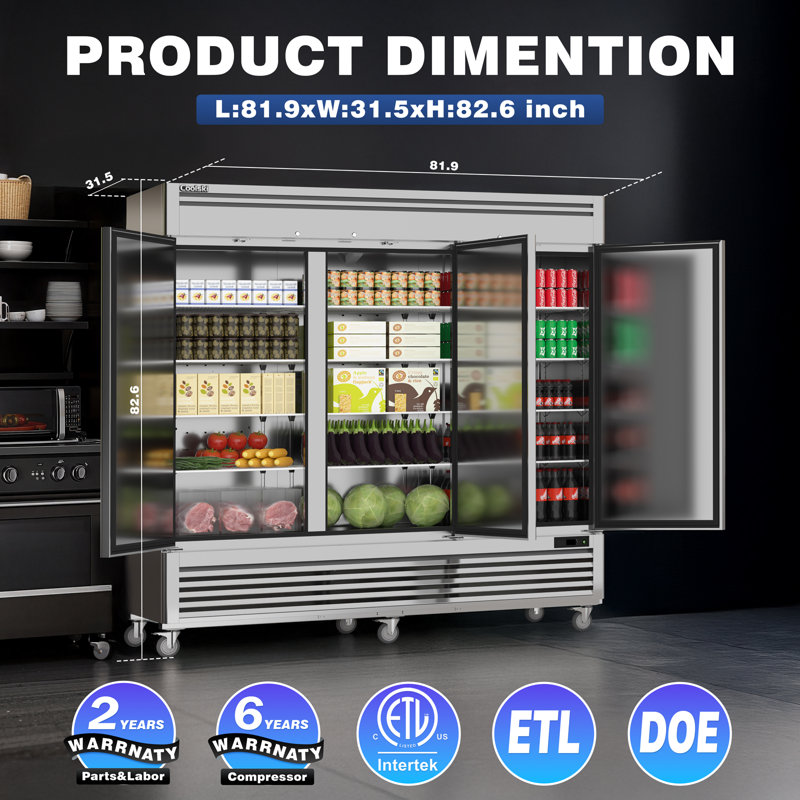 CMF Coolski 82" W Commercial Refrigerator 72 Cu.ft 3 Door Reach-In Stainless Steel Refrigerator