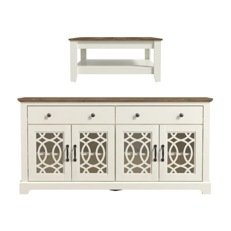 Weddel Basilico 2 Piece Modern Sideboard And Coffee Table Set, Ivory, Knotty Oak