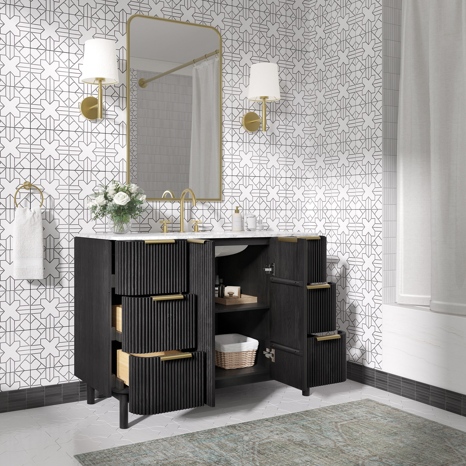 Nova 48" Carrara Marble Single Bathroom Vanity, Black Reeded Birch