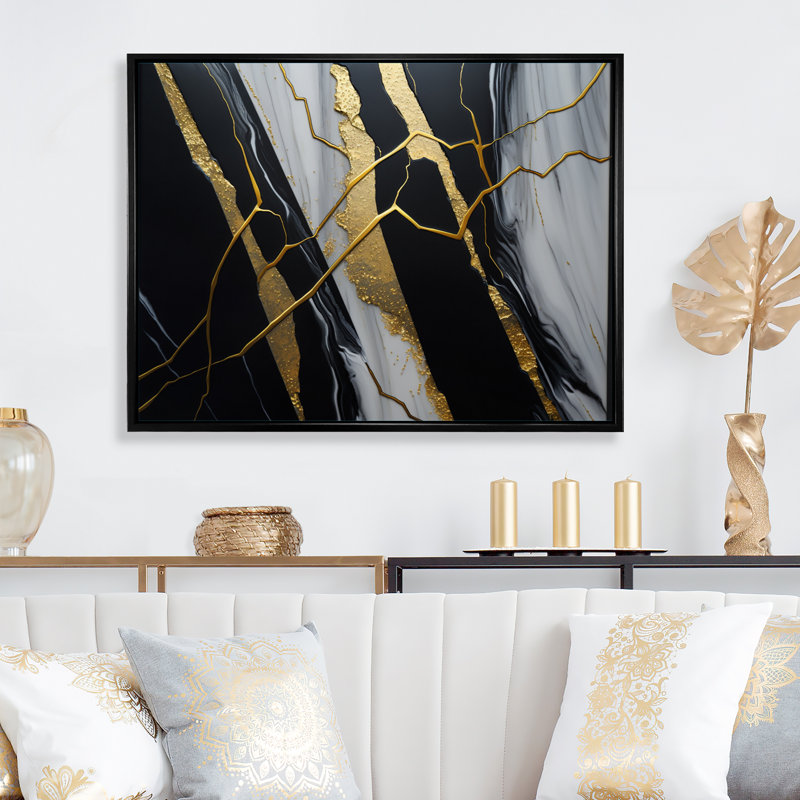 «Abstract Geode Black II», art mural abstrait en marbre, Toile avec cadre flottant noir, 16" H x 32" W