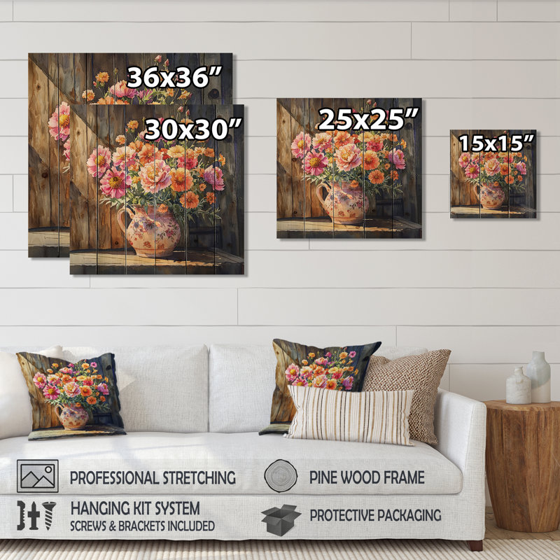 Coucher de soleil pivoines mixtes assortis II - Art mural en bois avec bouquets assortis - sur bois de pin naturel