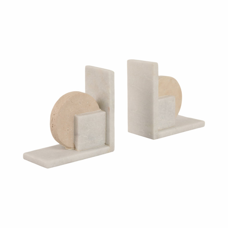 Geometric 6" Travertine & Marble Bookends Set