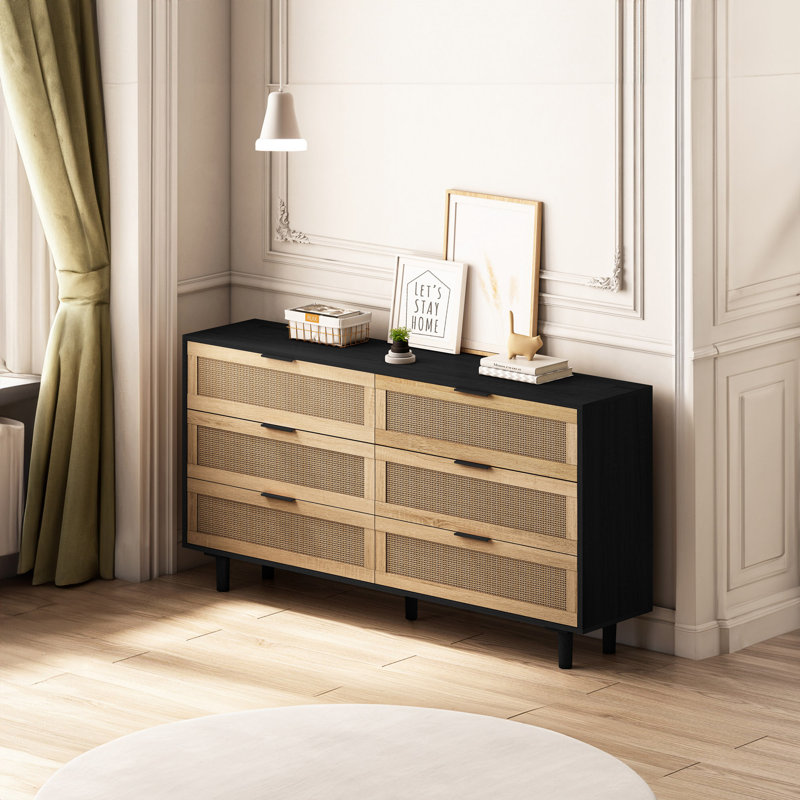 6-Drawers Rattan Storage Cabinet Rattan Drawer, Black, 29.53" H x 59.06" W x 15.75" D