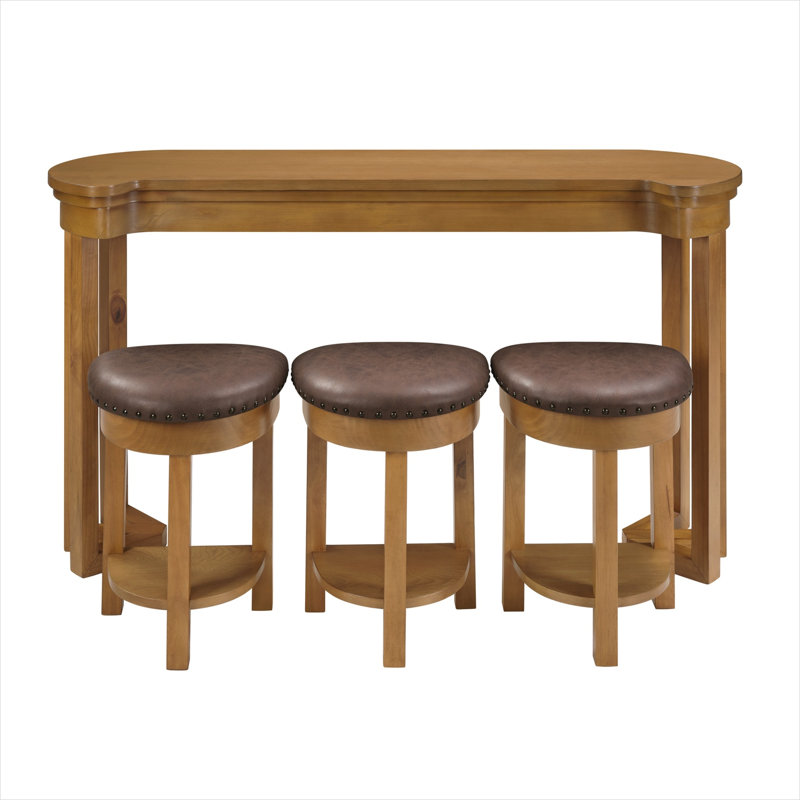 Ensemble de table de bar 3 personnes avec structure en bois massif, 3 tabourets revêtus de polyuréthane naturel