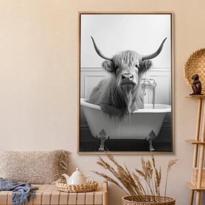 Shetland Highland Cow In The Bathtub Bathroom Decor Artwork Wall Art Framed Canvas Print