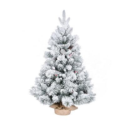 Arbre de Noël 3 pi avec branches en PE / PVC et aiguilles en pin, 170 pointes, décorées de pommes de pin et de baies rouges - petit arbre de Noël enneigé pour la table, le vestibule ou le bureau