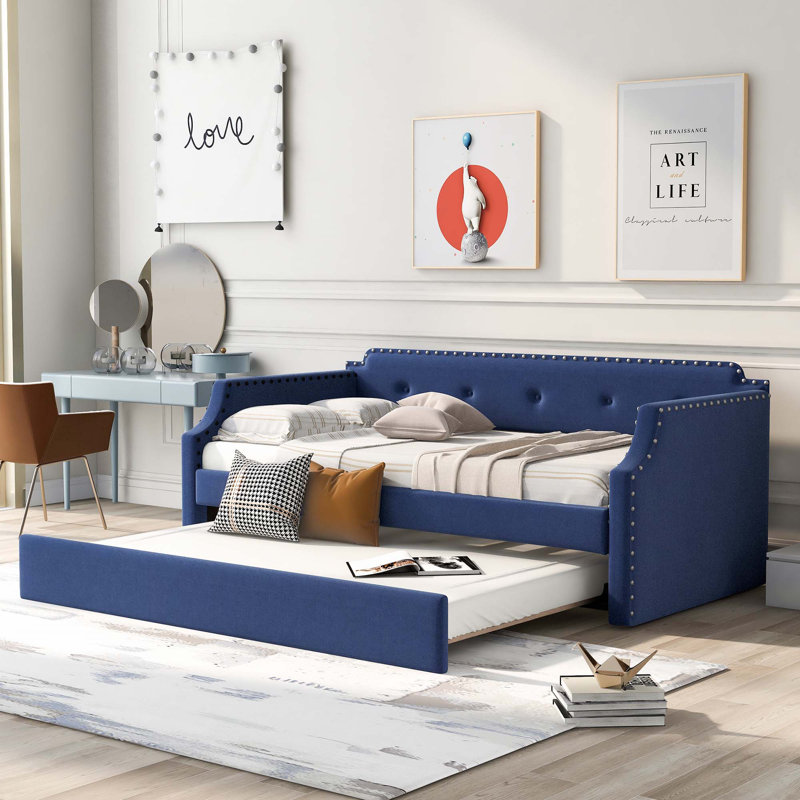Upholstered Daybed with Trundle, Wood Slat Support,Upholstered Frame Sofa Bed, Blue