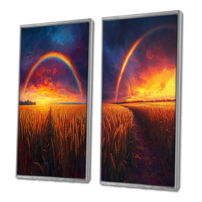 Rainbow Over The Wheat Fields At Sunset I - Collection d'art sur toile 2 panneaux, H 40 po x l 41 po, Encadrement argenté