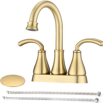 Robinet de lavabo doré brossé à 2 poignées - Bonde escamotable, jet aéré, bec haut, douchette pivotante à 360°, matériau en alliage de zinc, bec de vidange de 5 cm pour plus d'espace, construction