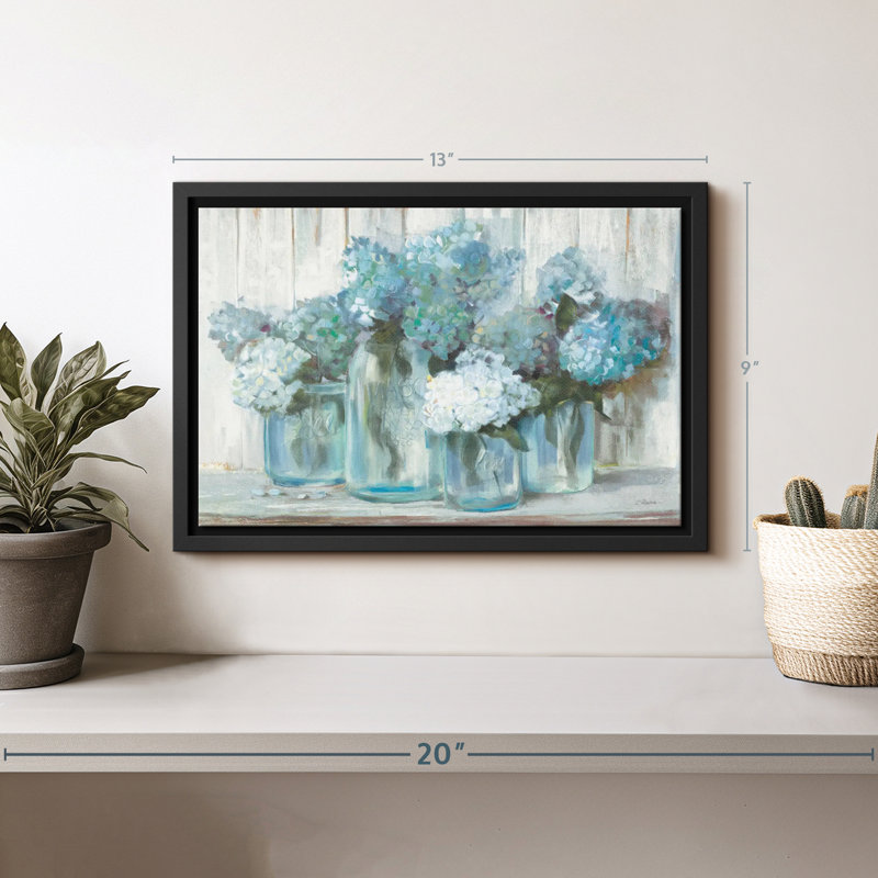 Ancolie hortensias dans des pots en verre, impression sur toile bleue, H 9 po x l 13 po