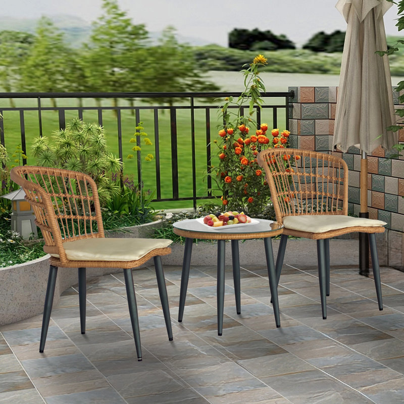 3 Piece Patio Rattan Seating Group With Cushions, Cream