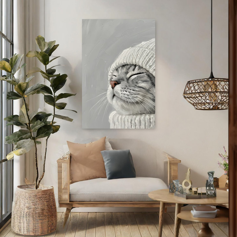 Mignon chat, art contemporain classique abstrait avec fleur de chat, H 48 po x l 32 po