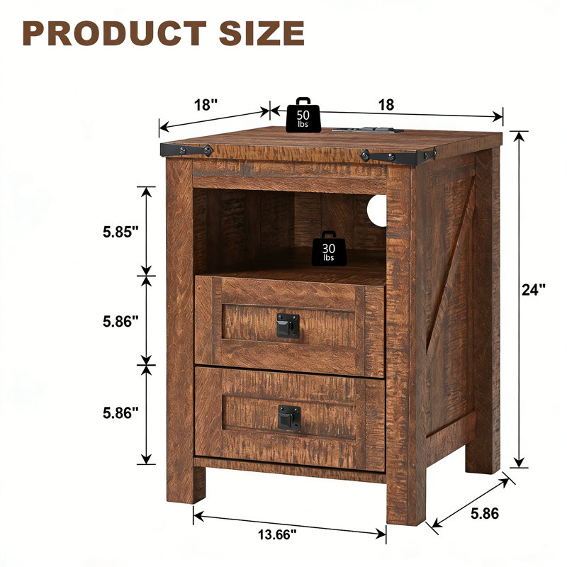Table de bout Farmhouse avec 2 ports USB et 2 prises de courant, Brun