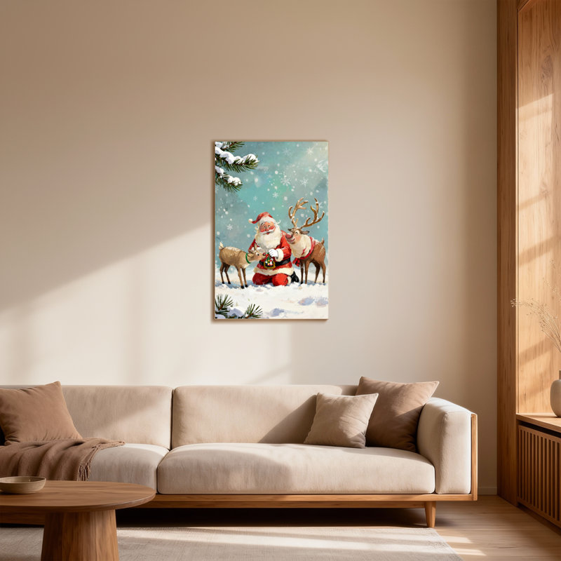 Noël père Noël avec renne dans un paysage enneigé, H 48 po x l 32 po