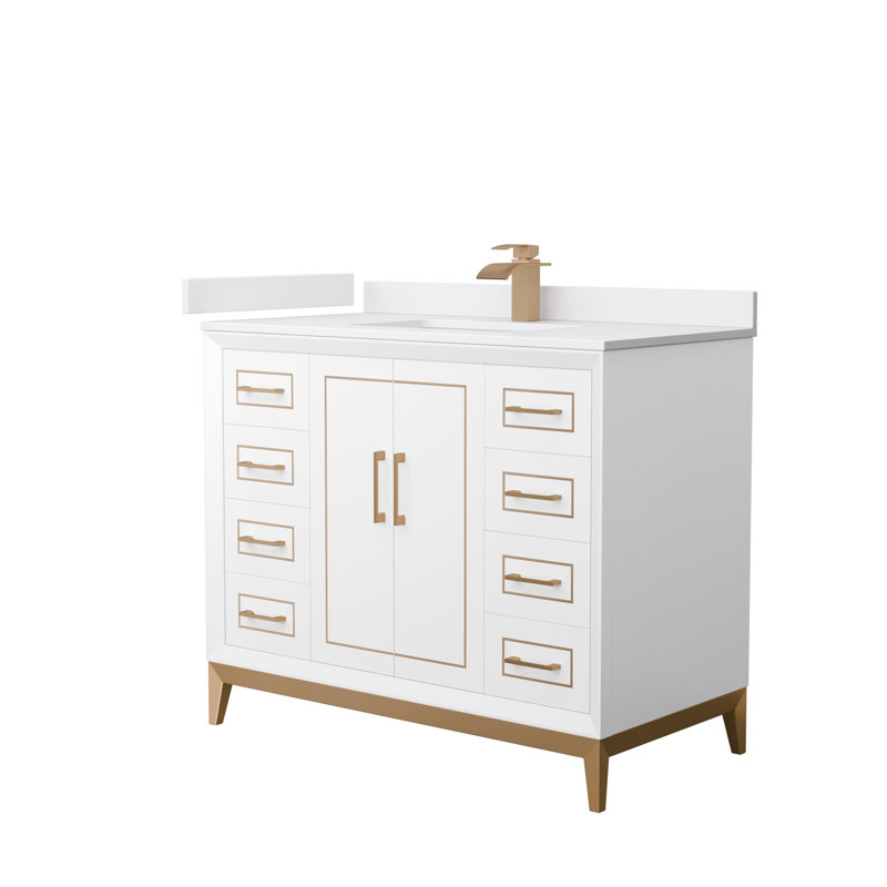 Ensemble de meuble-lavabo simple 42 po Marlena, Marbre de culture blanc, Blanc, Bronze satiné
