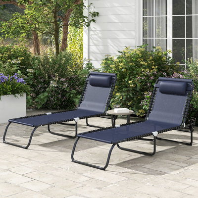 2 Chairs Folding Beach Sun Lounger, Dark Blue Outdoor Chair With Pillow, Breathable Mesh, Adjustable And Bungee Seat For Relaxing Time Patio - Lounger Fabric, Reclining Back & Comfort Pleasure