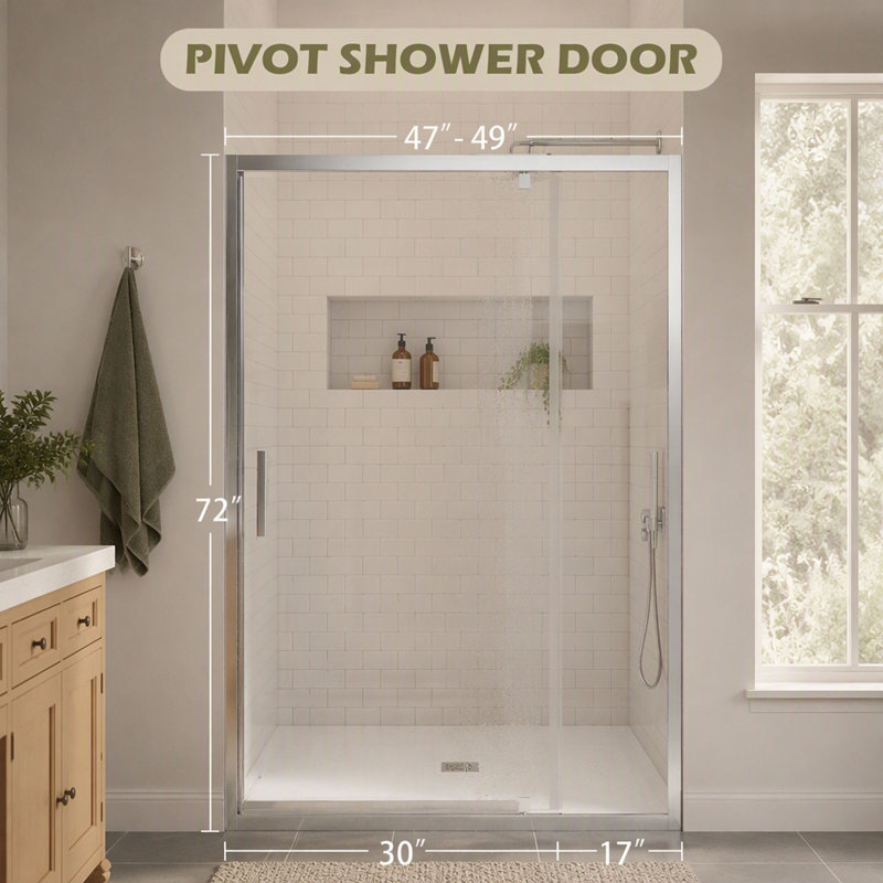 Porte de douche pivotante l 47 à 49 po x H 72 po, porte de douche en verre trempé clair de 1/4 po (6 mm) avec film d'explosion, revêtement Nano Easy-Clean, installation réversible