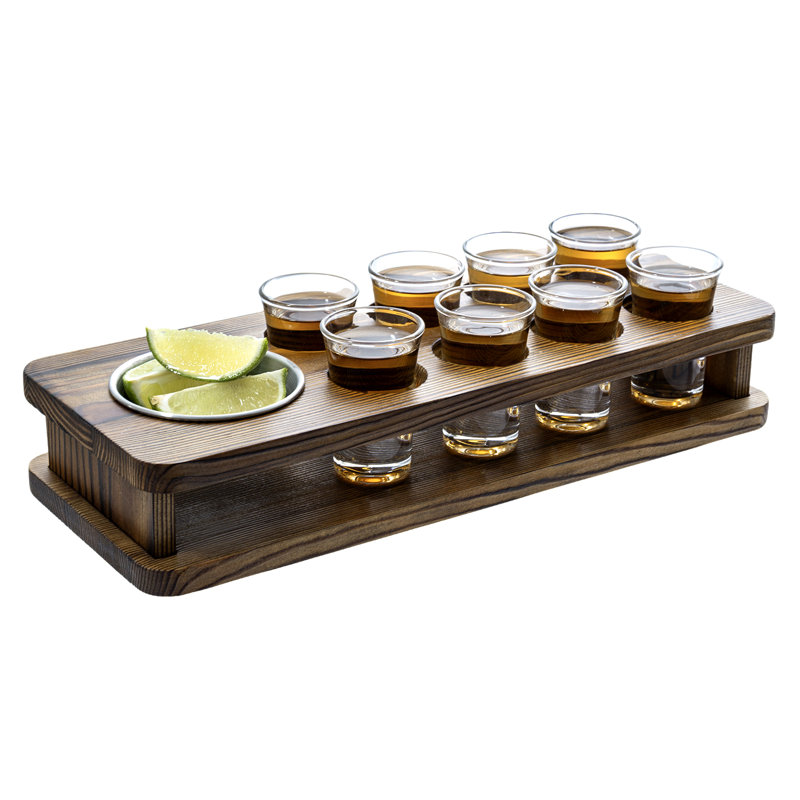 8 Shot Glasses Solid Wood Serving Set Tray