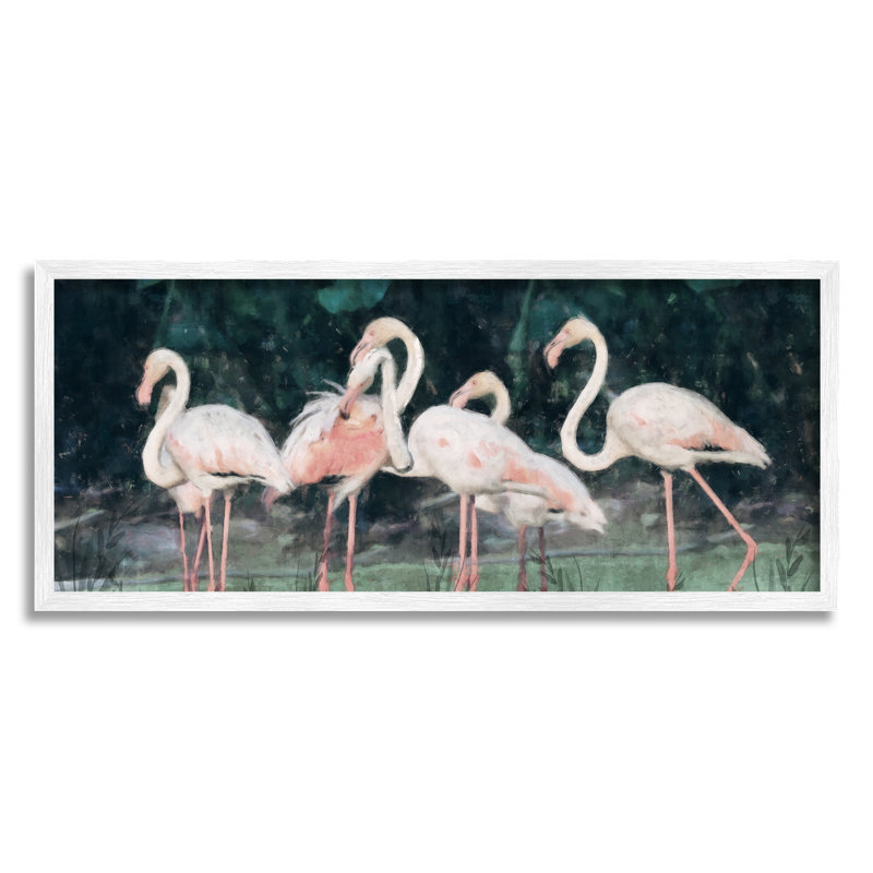 White Framed Flamingos in Green Nature Canvas Print
