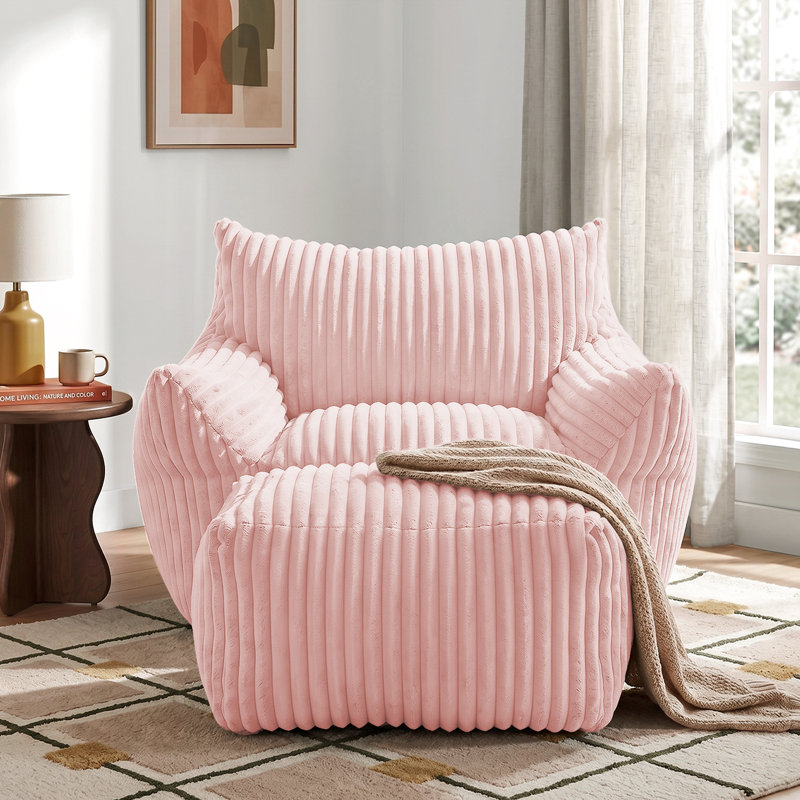 Compression Bean Bag Chair with Ottoman , Comfy Memory Foam Large Lazy Sofa, Bright Pink Corduroy