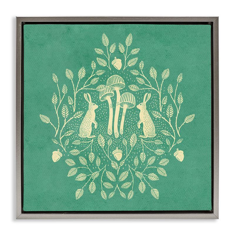 "Turquoise Botanical Rabbits", art mural sur toile flottante par Katie O'Shea, Cadre flottant gris lustré, H 18 po x l 18 po