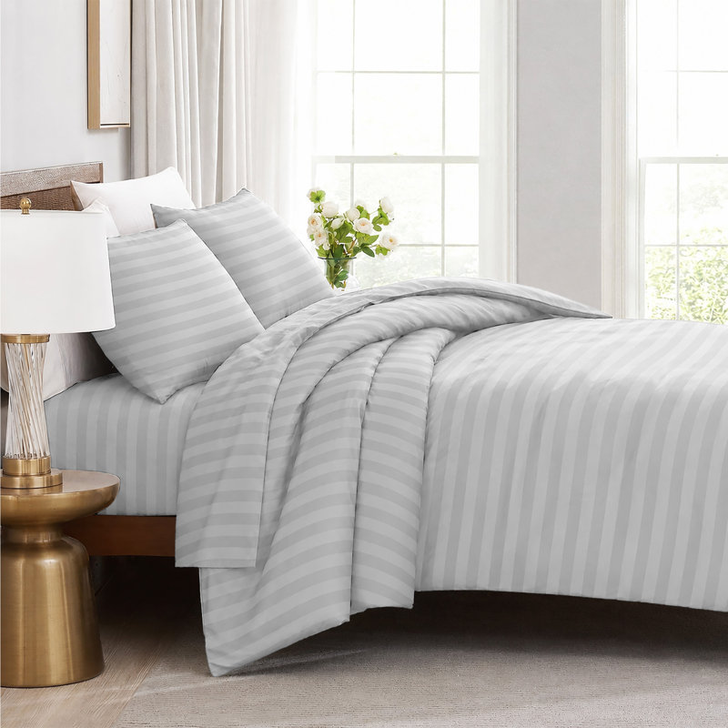 Striped Microfiber Complete Bedding Set | Duvet Cover, Deep Fitted Sheet & Matching Pillowcases, Silver Striped