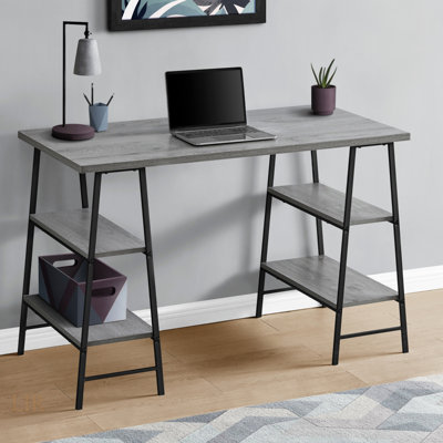 Bureau d'ordinateur moderne avec tablettes de rangement, idéal pour le bureau à domicile et les petits espaces de travail, stratifié gris, structure en métal noir