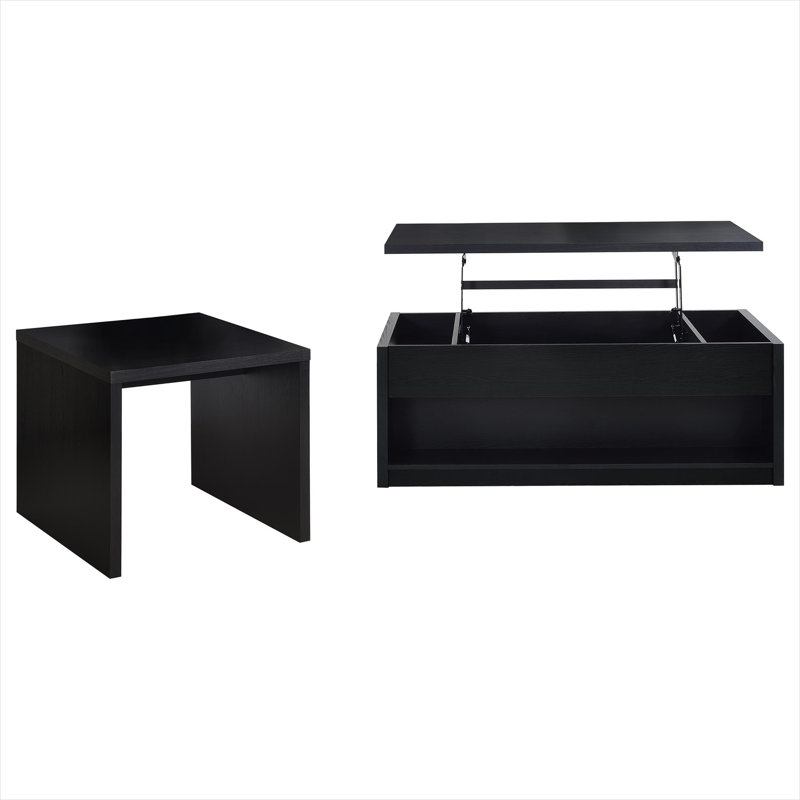 Ensemble de tables basses Living Room à plateau relevable en placage de bois véritable noir, 2 pièces rectangulaires avec tiroirs