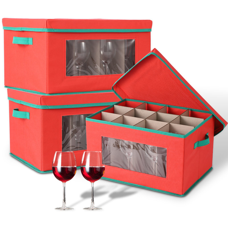 Paquet de 3 boîtes de rangement pour verres à vin de protection - organisateur de verres à pied à 12 compartiments avec couvercles, poignées et fenêtres transparentes - solution de rangement sécuritaire pour les verres et les verres, idéal pour l'organisation de la cuisine