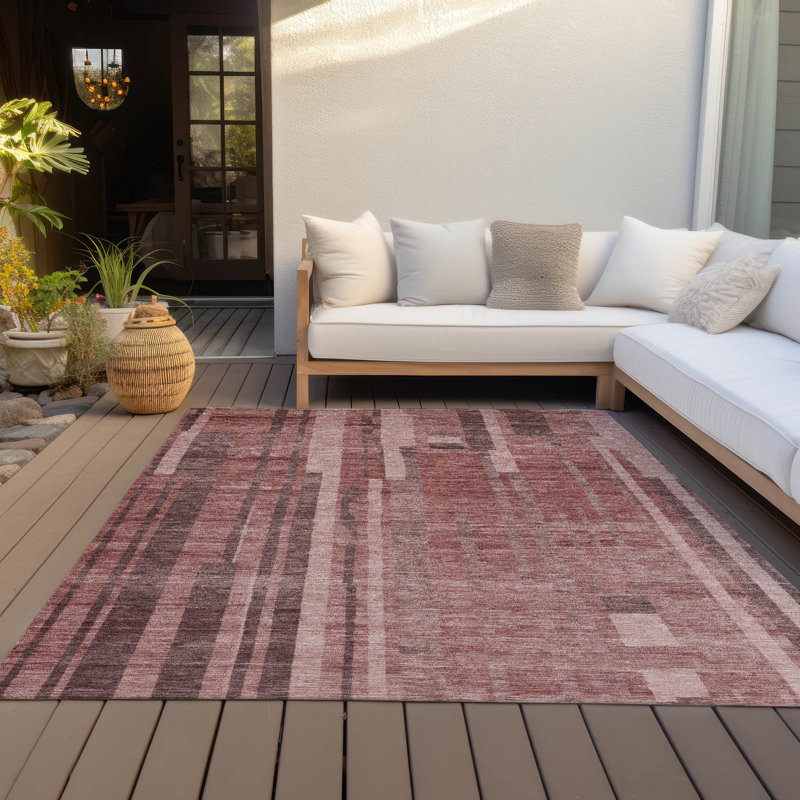 Paprika and White Synthetic Striped Washable Rug, 3' x 5'