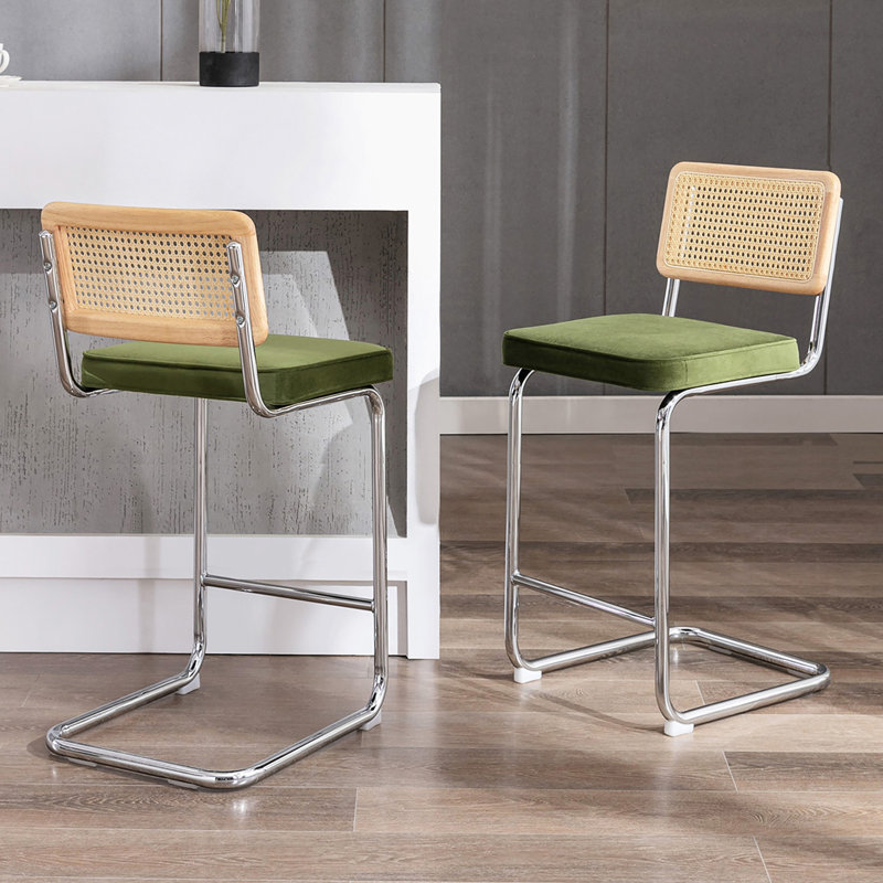 Crumley Upholstered 25.6" Velvet Counter Stool with Rattan Cane Back and Metal Frame, Olive Green Velvet/Chrome Frame