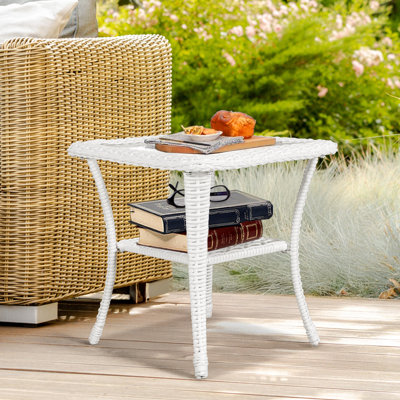 Table d'appoint d'extérieur en osier, table de bistro en rotin toutes saisons avec table de bout carrée à 2 niveaux en verre trempé pour l'intérieur, balcon, jardin, porche, terrasse, blanc